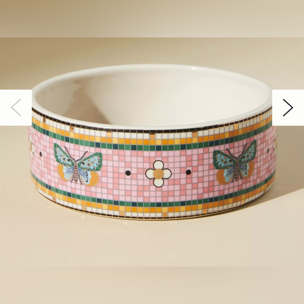 Set of 2 Anthropologie Bistro Garden Tile Dog Bowl Dish Food Water Pet Butterfly